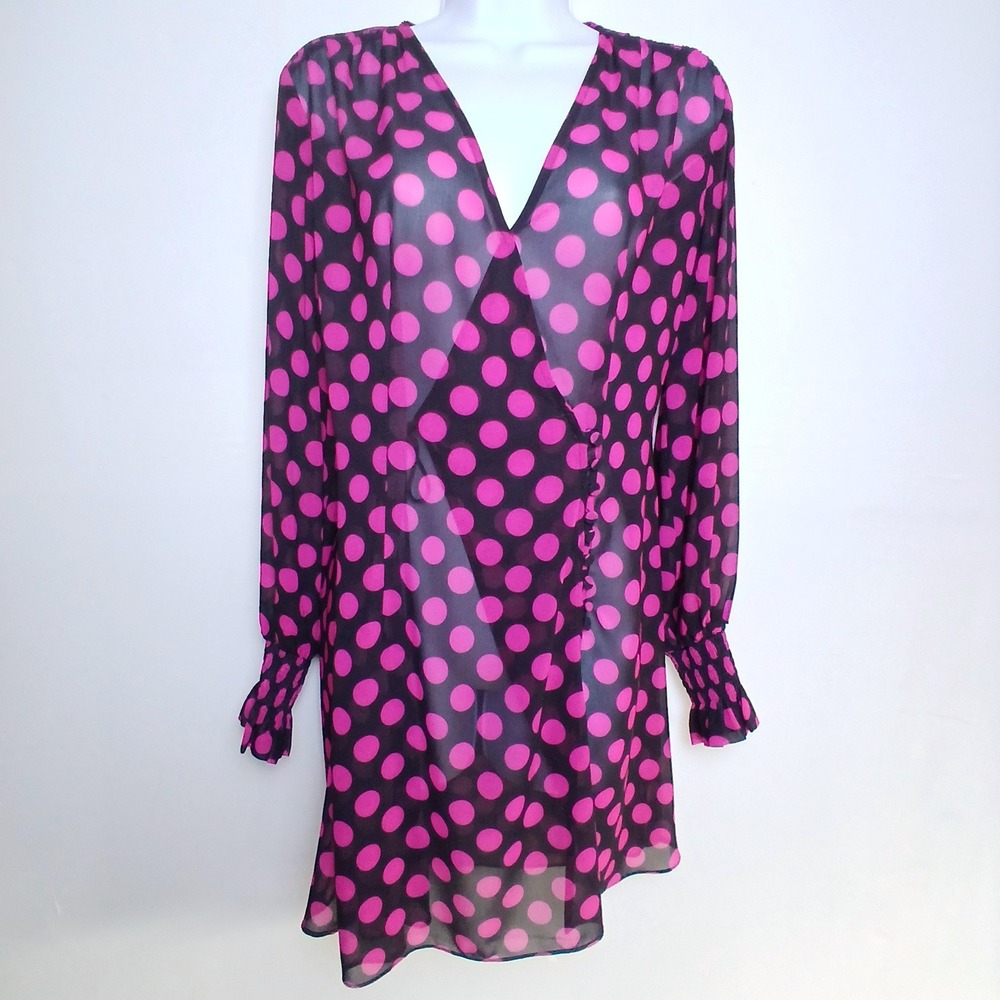 NEW L'Academie Sheer Mini Wrap Dress M Pink Polka Dot ShellOnly Coquette Revolve